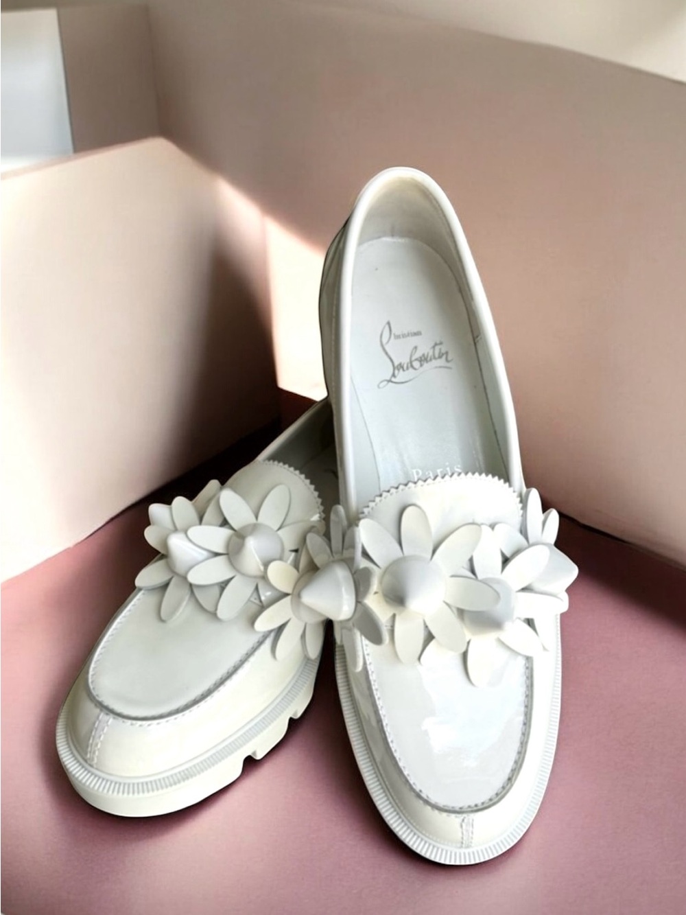 Christian Louboutin Daisy Spikes Moc Loafers White Patent